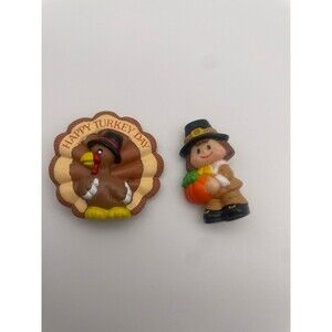 Set of 2 Russ Pins Vintage Thanksgiving Turkey & Pilgrim Pin Brooch Hallmark